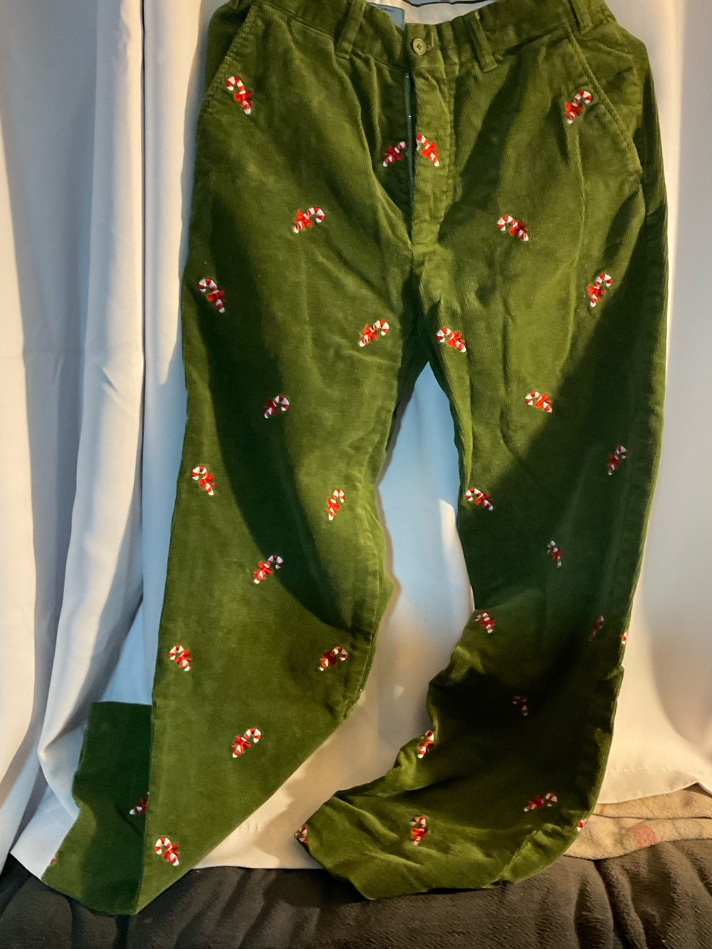 Castaway Olive Green Corduroy Pants with Red & White Candy Cane Embroidery